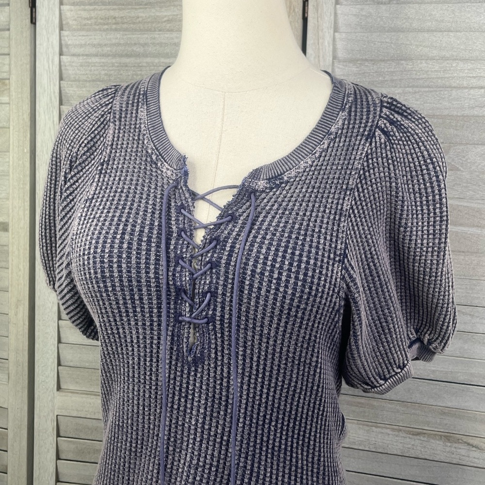 FREE PEOPLE (One) Puff Sleeve Waffle Knit Tee Acid Wash Blue-XS - Picture 2 of 3